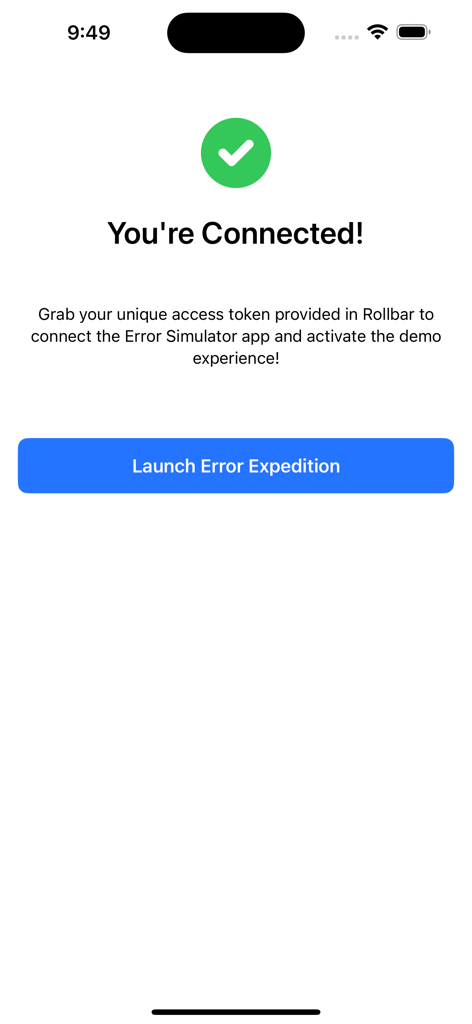 緑色のチェックマークと「エラー遠征開始」ボタンが表示され、接続が成功したことを示すRollbarエラーシミュレーターアプリの確認画面。