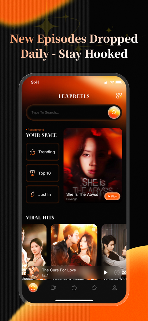 LeapReels - LeapReels app interface displaying short drama series with categories for trending and viral hits