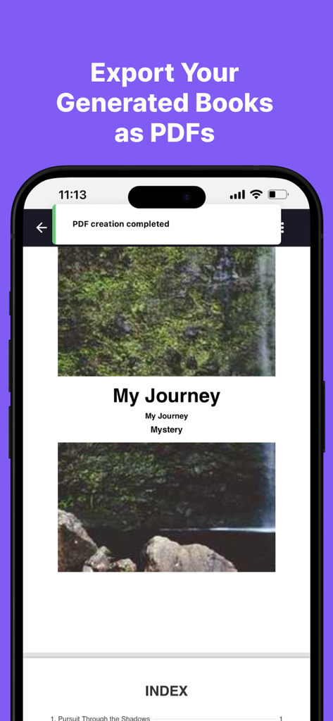 Smartphone screen showing the AI Book Writer app interface with a notification that a mystery book titled My Journey has been exported as a PDF.