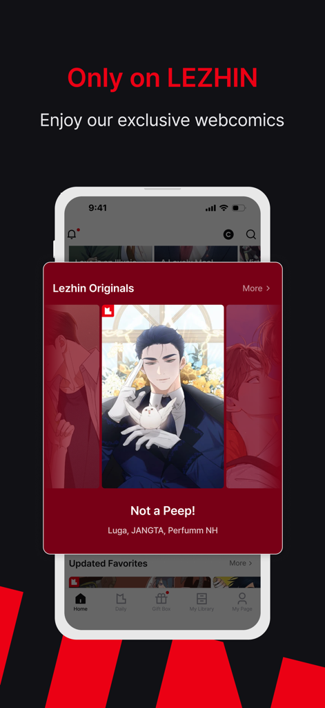 Lezhin Comics app display showing exclusive original webtoons on a smartphone screen