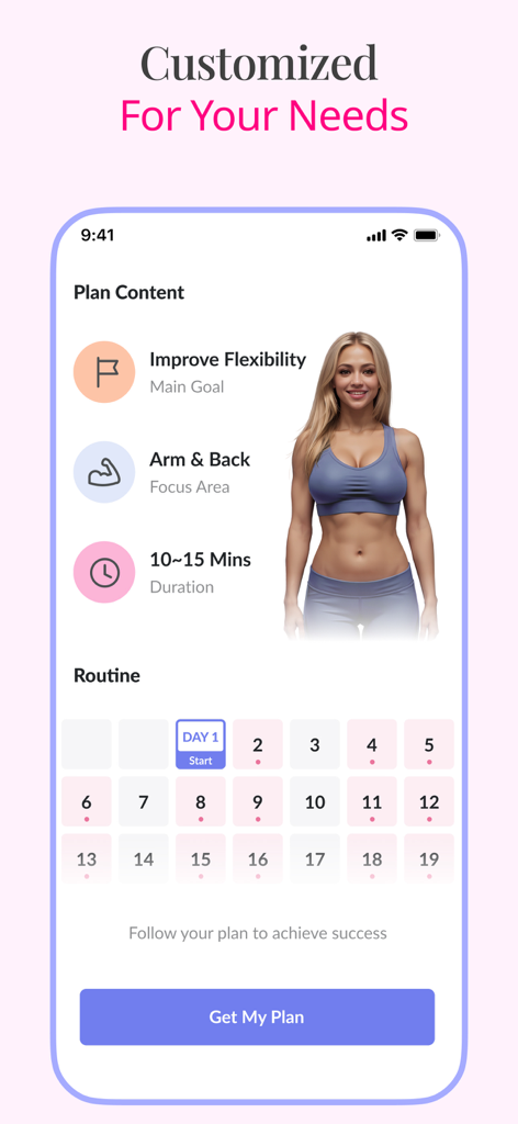 Wall Pilates Challenge:WallFit - Interface of the WallFit app showing a personalized workout plan for flexibility with a 30 day routine calendar