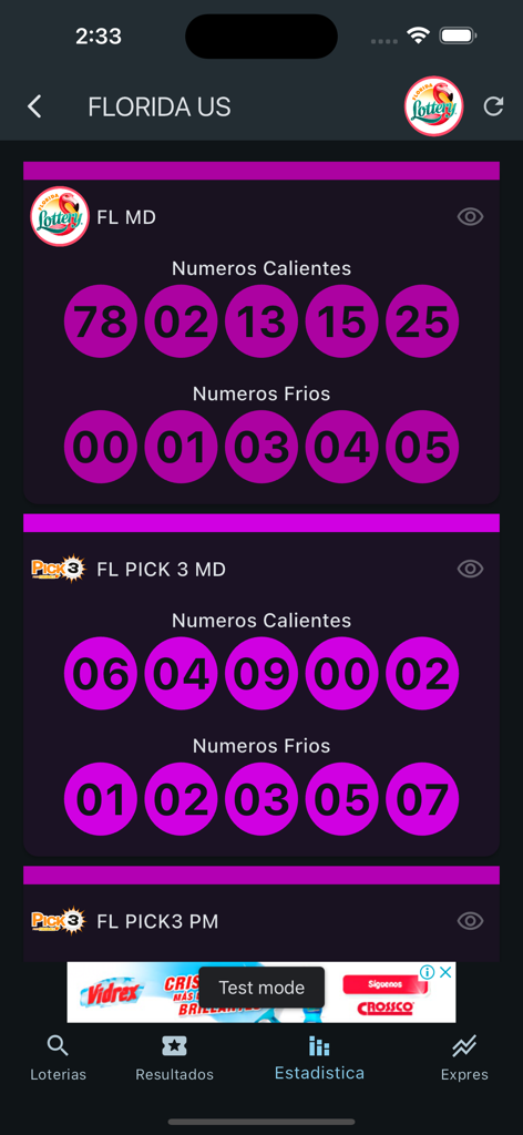 Loto Latina Resultados Loteria - Pantalla de estadísticas de la aplicación Loto Latina mostrando números 'calientes' y 'fríos' para los sorteos de lotería de Florida.