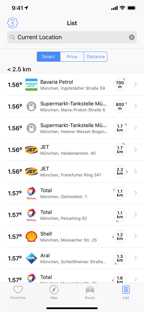 1-2-3 Fuel app screenshot showing a list of nearby gas station prices and distances