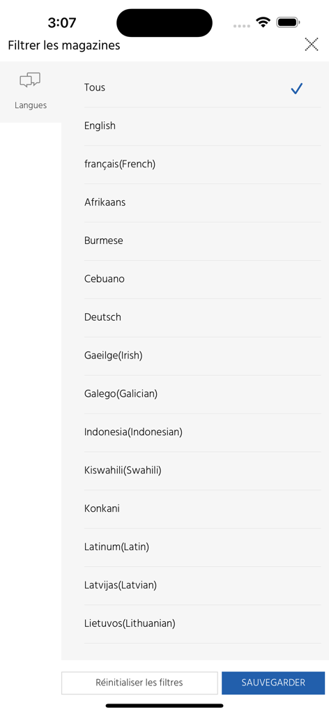 Language filter screen in the CloudLibrary NewsStand app showing options for English French German and other languages