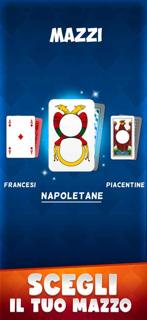 Schermata di selezione dei mazzi di carte regionali italiani con stili Napoletane e Piacentine