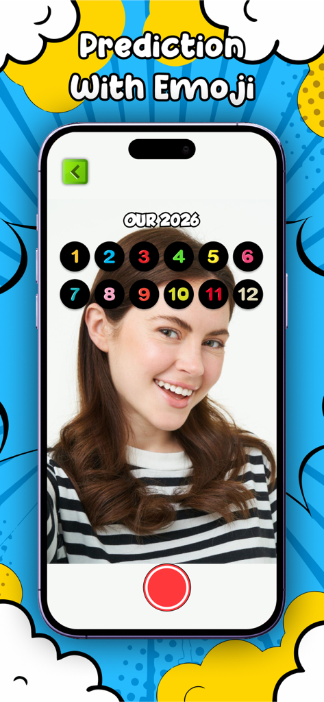 My Future Prediction Filter - A woman using the Our 2026 emoji prediction filter in the My Future Prediction Filter app.