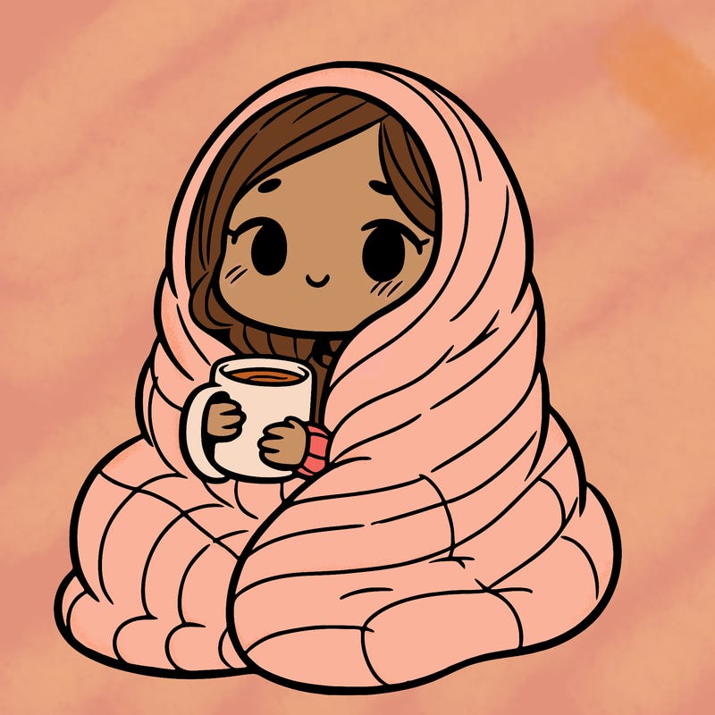 girl wrapped in a huge blanket, holding a cup.