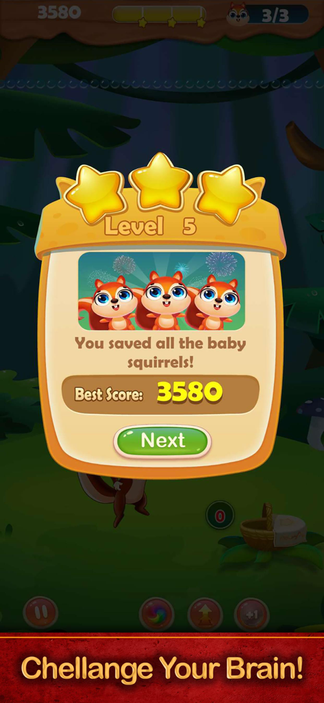 Ballon Shooter : Pop & Blast - Écran de fin de niveau dans Ballon Shooter montrant trois étoiles et trois bébés écureuils sauvés avec un score élevé de 3580