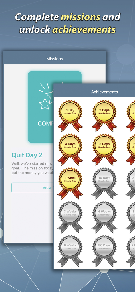 Quit Smoking Helper - Stop Now - Quit Smoking Helper app screen showing missions and smoke-free achievement badges