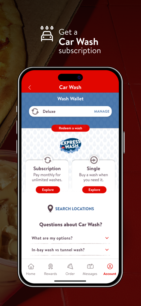 Car wash subscription and single wash purchase options in the Casey's app