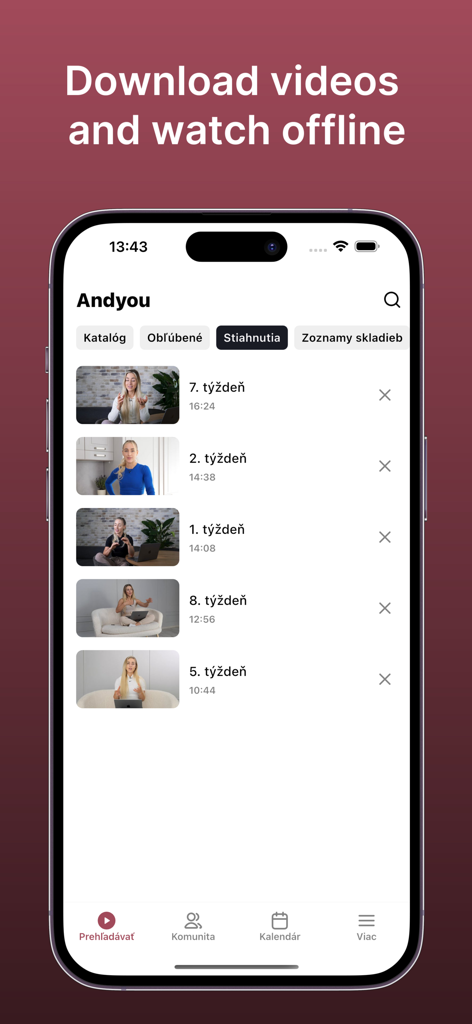 Andyou - Screenshot of the Andyou mobile app showing a list of downloaded videos available for offline viewing.