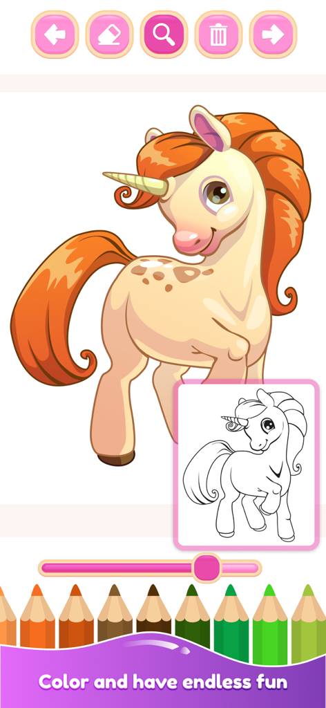 Drawing game for girls - A digital coloring book page featuring a cute unicorn with colored pencil tools at the bottom.