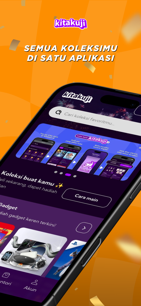 Kitakuji - Smartphone displaying the Kitakuji app interface with various prize collections on an orange background