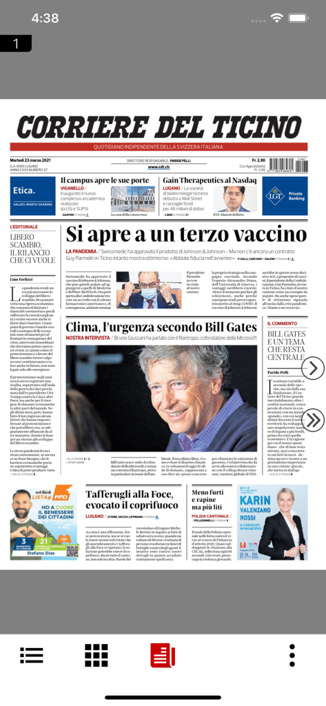CdT E-paper - アプリ内のCorriere del Ticino新聞の表紙のデジタルレプリカ