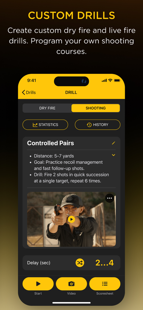 Drills: Shooting Training app - Screenshot of the Drills app showing a custom shooting drill interface with distance goals and video recording features