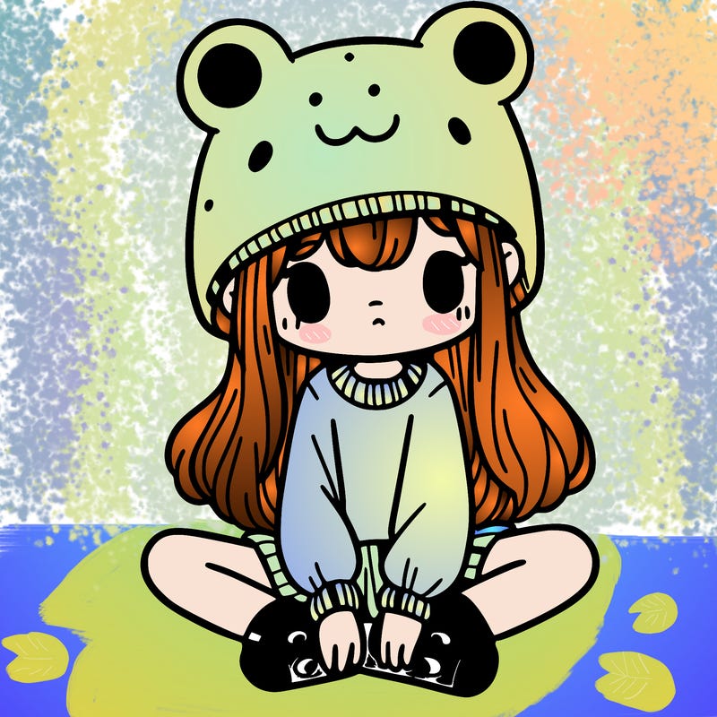 a girl wearing a frog hat and some frog socks