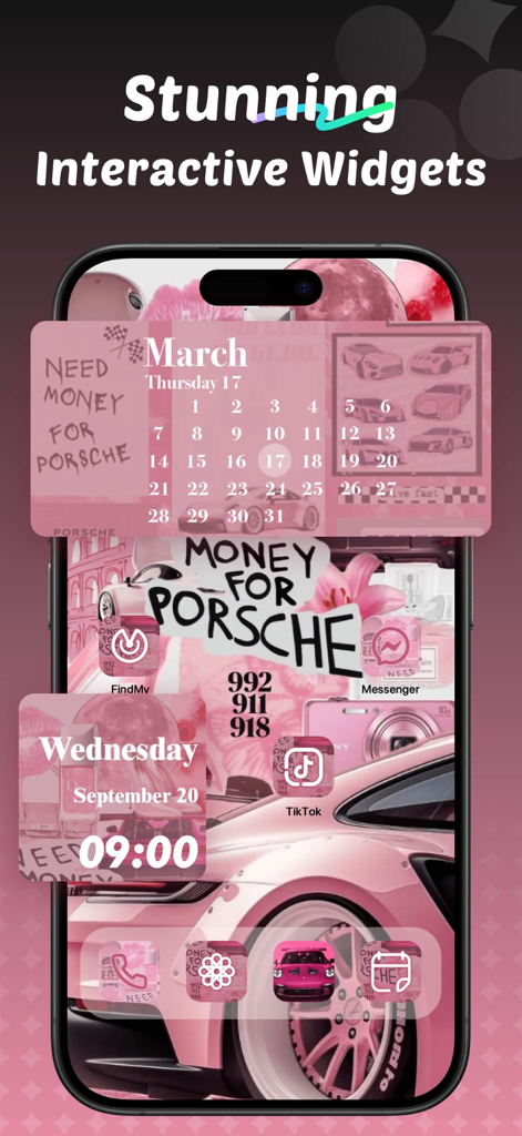 A pink aesthetic iPhone home screen featuring interactive calendar and clock widgets with matching custom icons