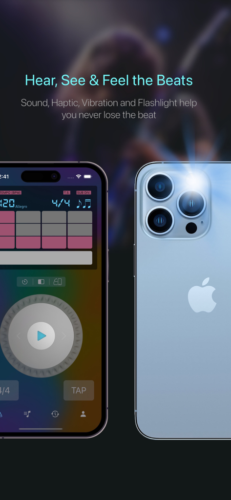 Pro Metronome - Tempo & Tuner - Pro Metronome 앱 인터페이스와 iPhone의 카메라 플래시 시각적 피드백.