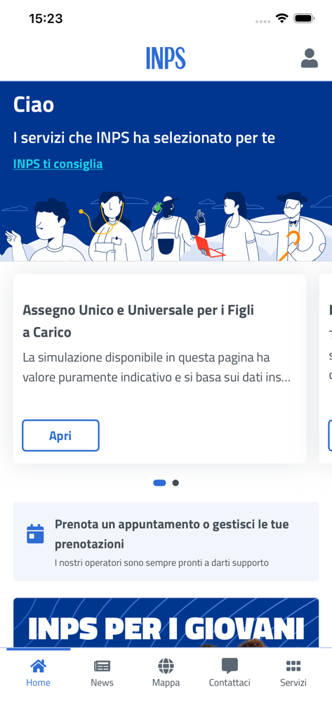 INPS mobile - Panel de control de la aplicación INPS mobile que muestra los servicios de seguridad social italianos y el menú de navegación