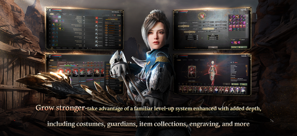 ROM: Golden Age - ROM Golden Age game interface showcasing character level up systems including costumes and engravings with a female archer character