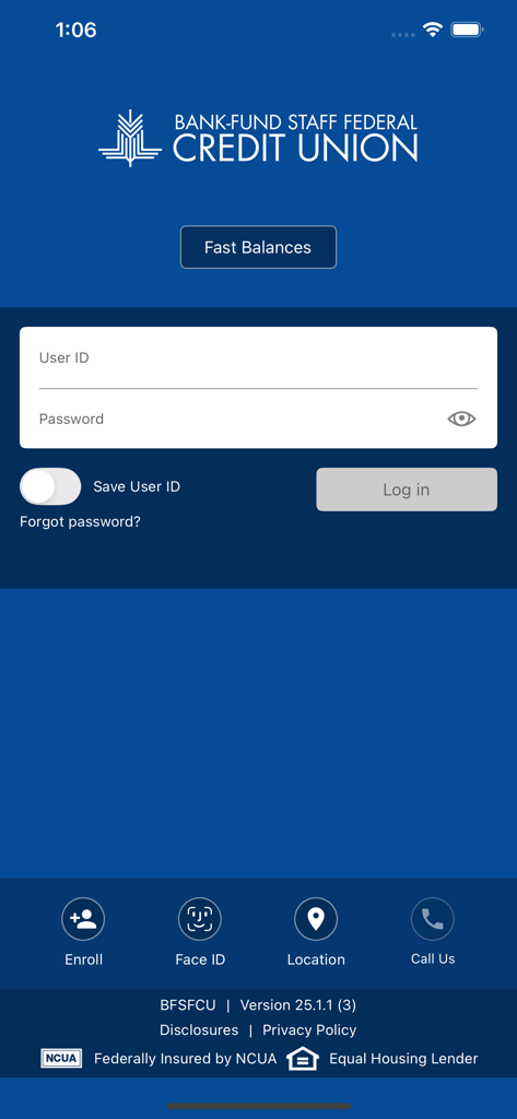 BFSFCU - Página de inicio de sesión de la aplicación de banca móvil de BFSFCU con campos de ID de usuario y contraseña