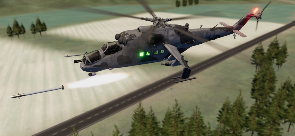 Mi-24 Hind attack helicopter firing a missile in the C-RAM CIWS simulator