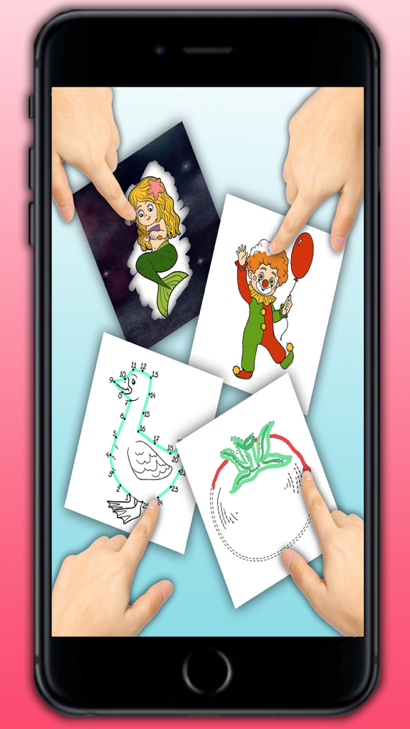Educational Coloring book - Connect the dots then paint the drawings with magic marker - Niños interactuando con varias actividades de colorear y unir puntos en un smartphone