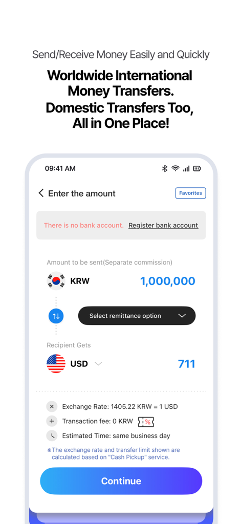 Hanpass 앱 화면은 KRW에서 USD로의 국제 송금, 환율 및 수수료 없음을 보여줍니다.