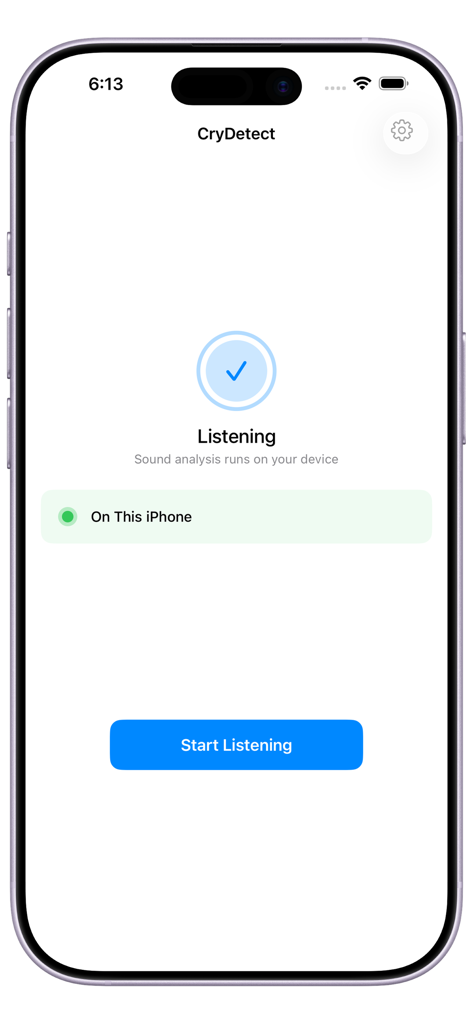 CryDetect - AI Baby Monitor - Interface of the CryDetect AI Baby Monitor app on an iPhone showing the listening mode and start button.