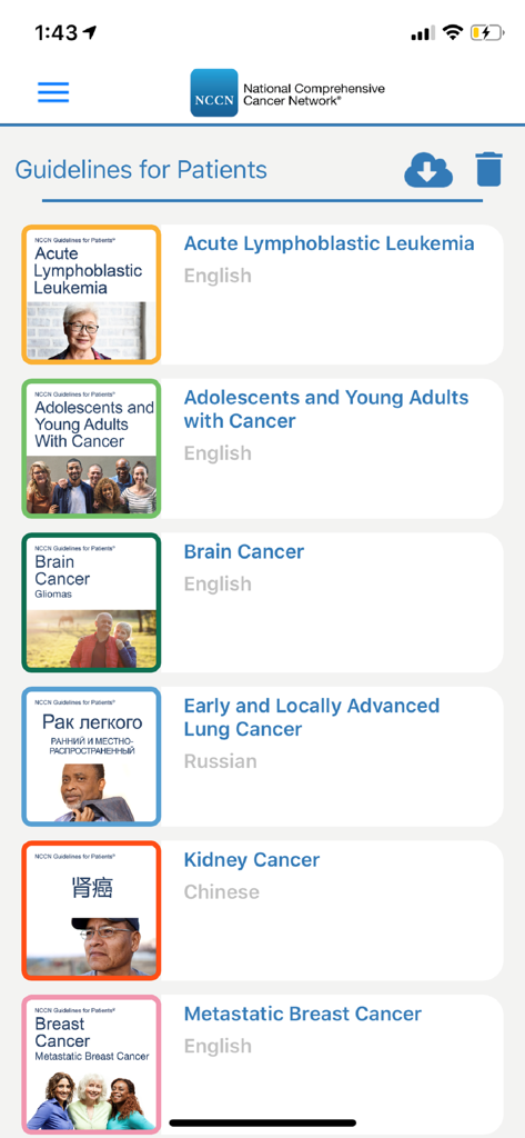 A list of cancer patient guides for different conditions and languages in the NCCN app.