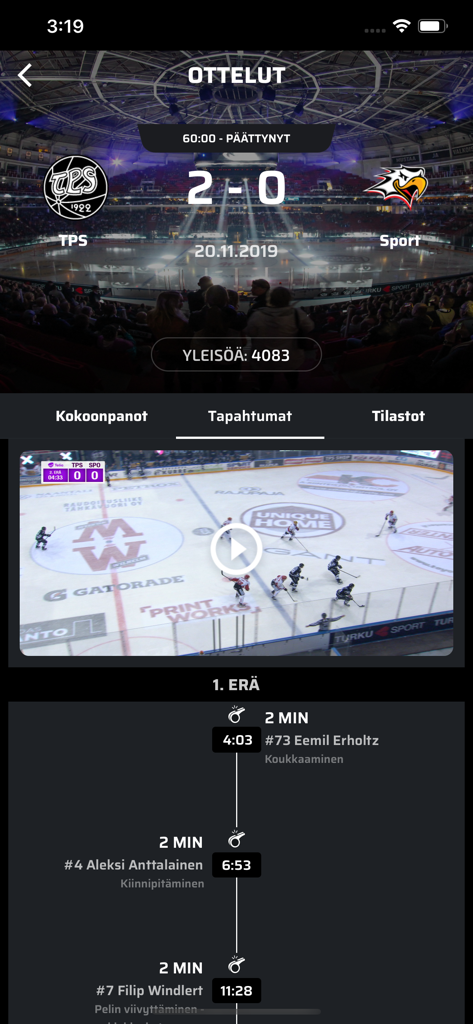 HC TPS app game summary screen showing score highlights and penalty timeline