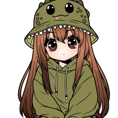 girl with anime shaped eyes with a dinosaur bucket hat oversized sweatshirt long straight hair