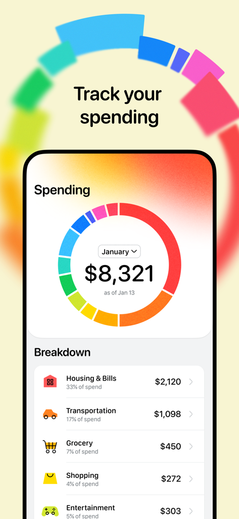 True Finance app interface showing a monthly spending breakdown with a circular chart and expense categories