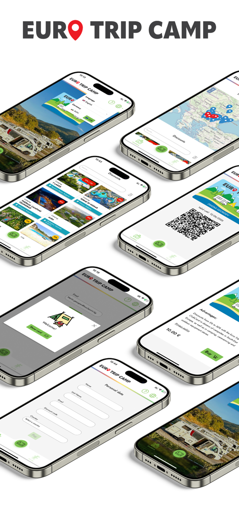 Euro Trip Camp - インタラクティブマップ、キャンプ場割引、デジタルクラブカードなど、ユーロトリップキャンプアプリの機能を表示する複数の携帯電話画面。