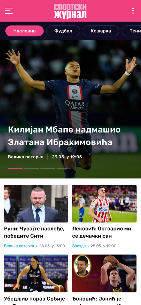Sportski Žurnal - Sportski Zurnal mobile app interface showing a sports news feed with a featured article about Kylian Mbappe