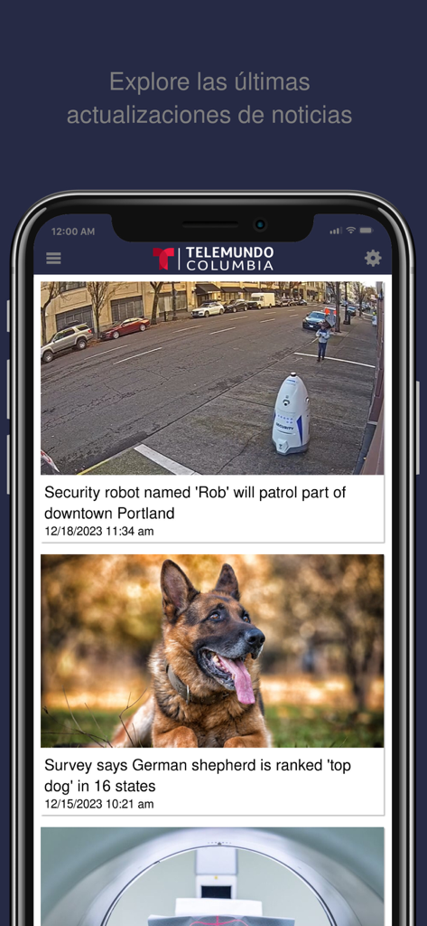 Telemundo Columbia WISTV-SP - Pantalla de iPhone mostrando la aplicación de noticias Telemundo Columbia con un flujo de noticias locales y nacionales.