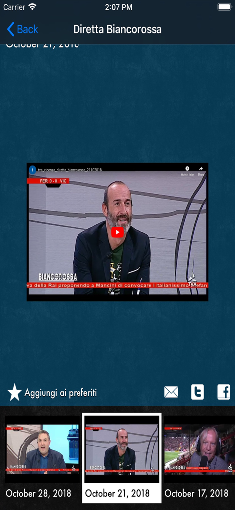 TVApp - Schermata del lettore video in TVApp che mostra una trasmissione sportiva regionale da Vicenza