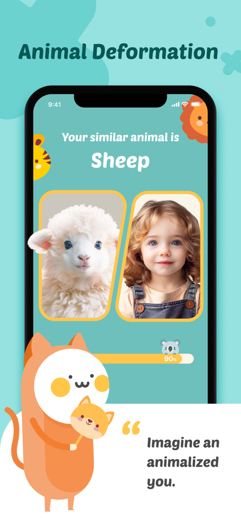 Face Seer -Time Traces - Interface de l'application Face Seer montrant une fille associée à un mouton en mode visage d'animal.