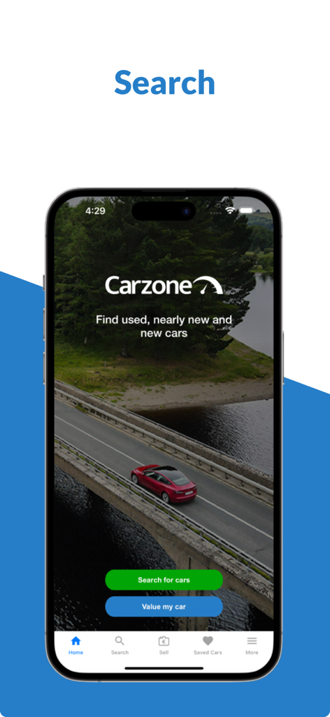 Carzone mobile app home screen with search for cars and value my car buttons