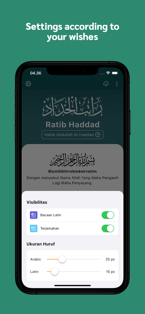 Tela de configurações do aplicativo Ratib Al Haddad mostrando opções de tamanho de fonte e visibilidade de tradução