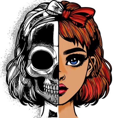 realistic girl with half skull mask
