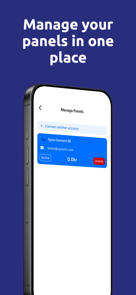 Syno Panel - Syno Panel app screen showing the Manage Panels interface on an iPhone to connect and organize multiple survey accounts