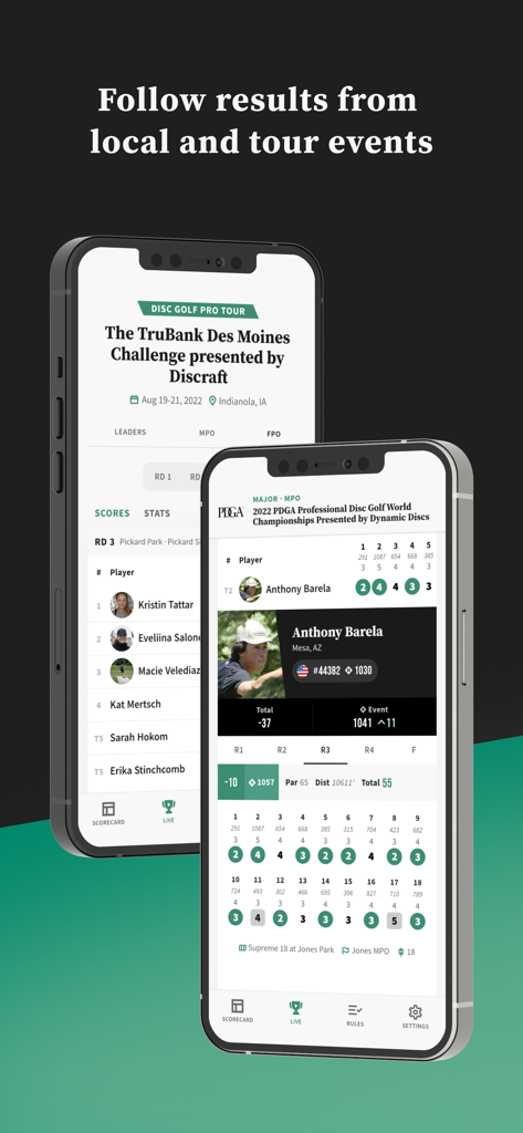 Two mobile phone screens displaying disc golf tournament leaderboards and player scorecards in the PDGA Live app