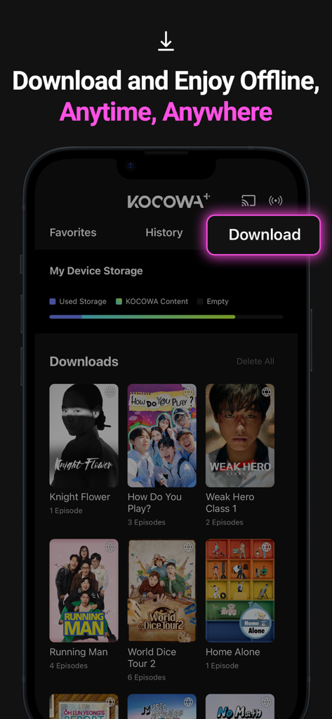 KOCOWA+: K-Dramas, Movies & TV - Interfaccia dell'app KOCOWA plus che mostra la schermata dei download per guardare drama coreani e show di varietà offline