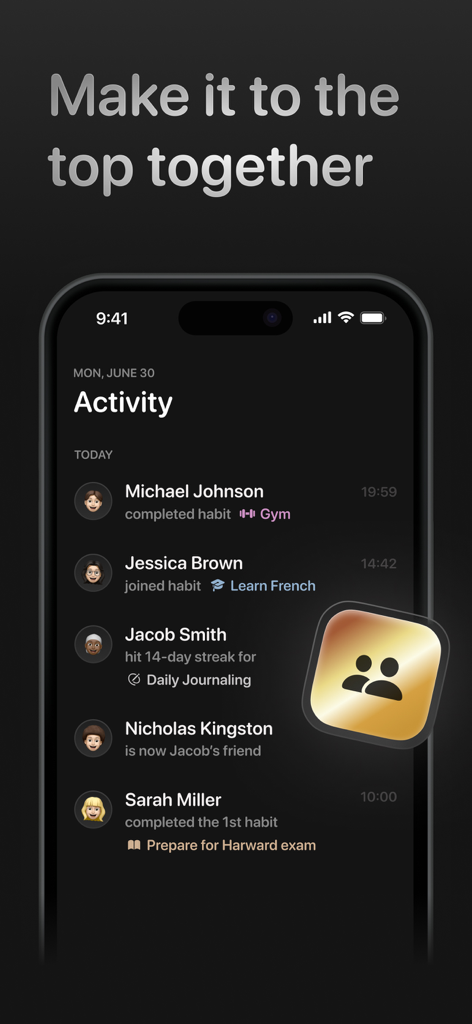 HabitLink: Habits with Friends - HabitLink app screenshot showing an activity feed with friends tracking their habits and progress together.