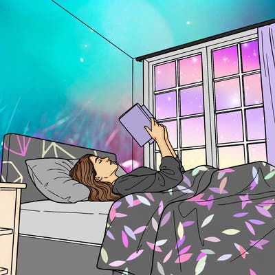a realistic woman reading a book while she laying down on her bed in her room by her window
