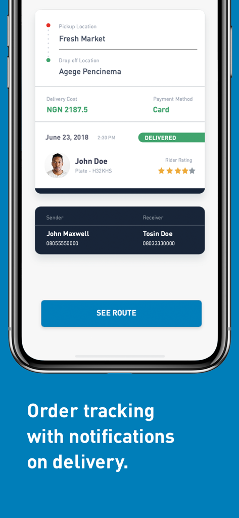 EasyDispatch - EasyDispatch mobile app interface showing a completed delivery with order details and rider information