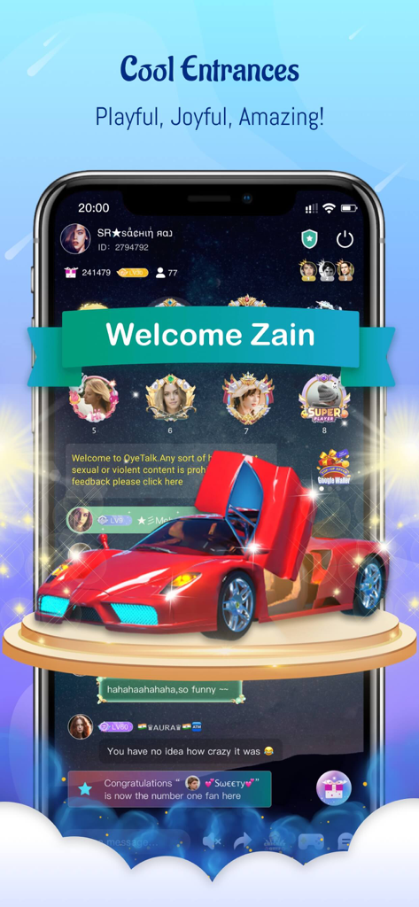 OyeTalk - OyeTalk social audio app featuring an exclusive VIP entrance with a red sports car animation and a welcome banner.