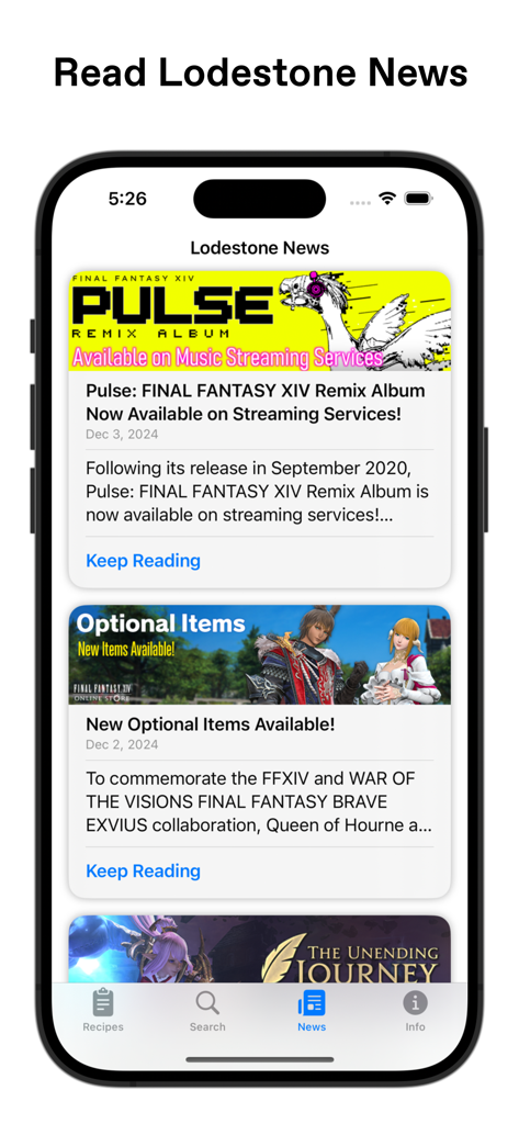 XIV Helper - Captura de pantalla de la aplicación XIV Helper mostrando el feed de noticias de Lodestone con artículos para jugadores de Final Fantasy XIV.