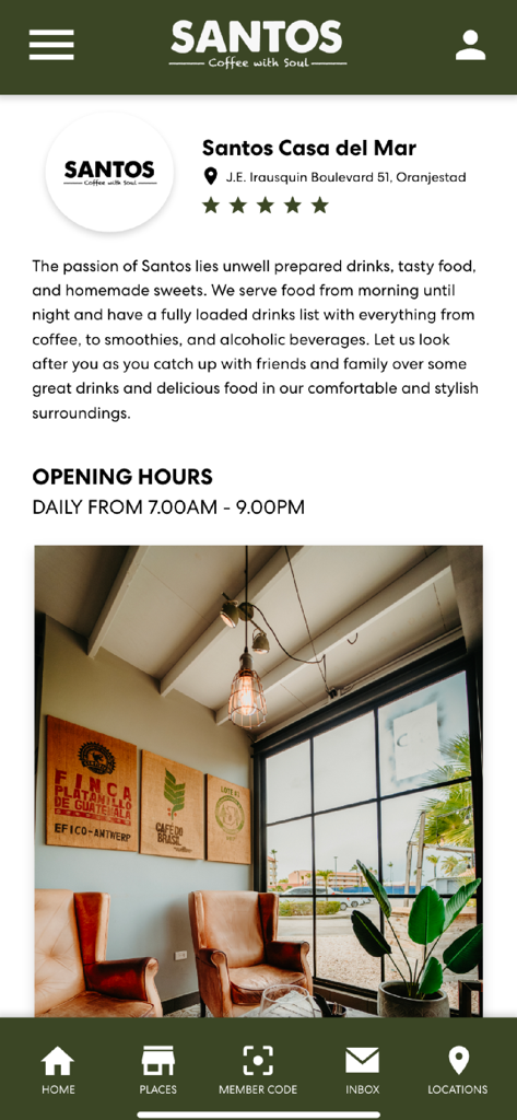 SANTOS Rewards - Screenshot of the SANTOS Rewards mobile app displaying the Santos Casa del Mar location details with opening hours and cafe interior